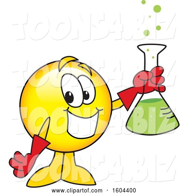 Vector Illustration of a Cartoon Smiley Mascot Holding a Science Flask