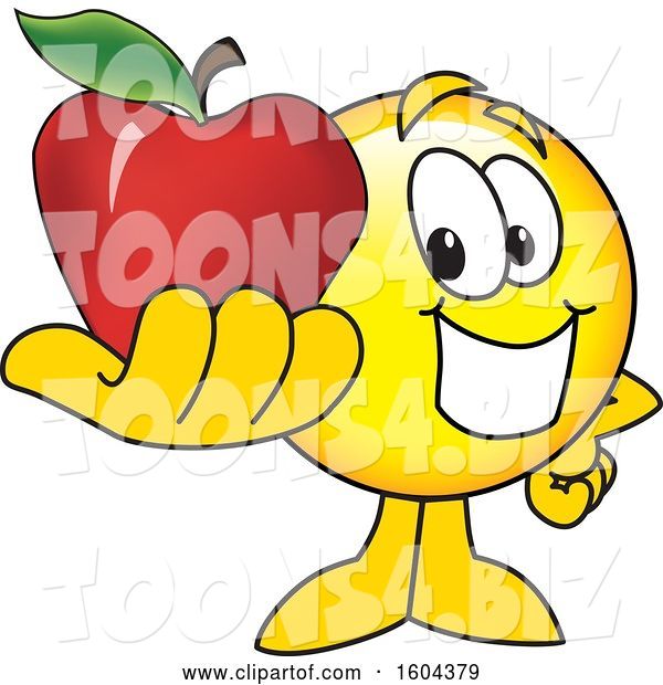 Vector Illustration of a Cartoon Smiley Mascot Holding an Apple