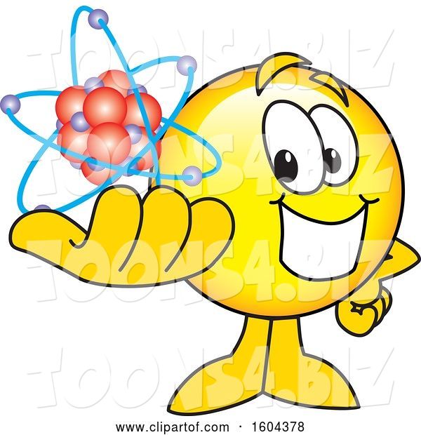 Vector Illustration of a Cartoon Smiley Mascot Holding an Atom
