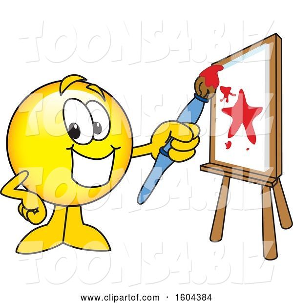 Vector Illustration of a Cartoon Smiley Mascot Painting a Canvas