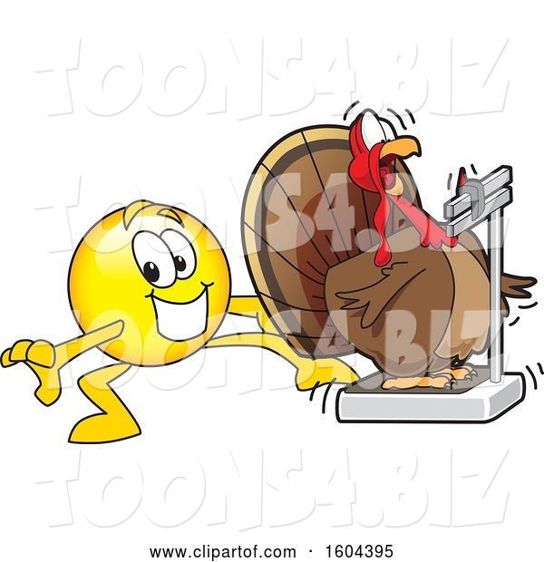 Vector Illustration of a Cartoon Smiley Mascot Tricking a Turkey Bird Weighing Itself