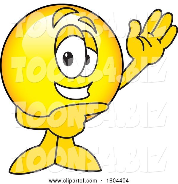 Vector Illustration of a Cartoon Smiley Mascot Waving and Pointing