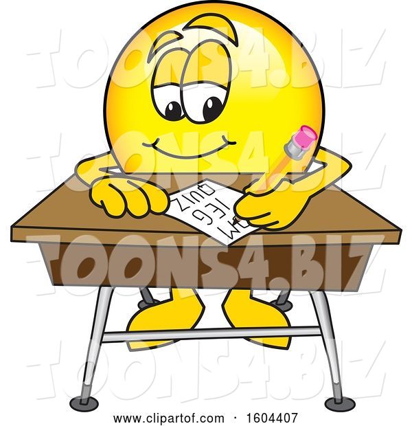 Vector Illustration of a Cartoon Smiley Mascot Writing at a Desk