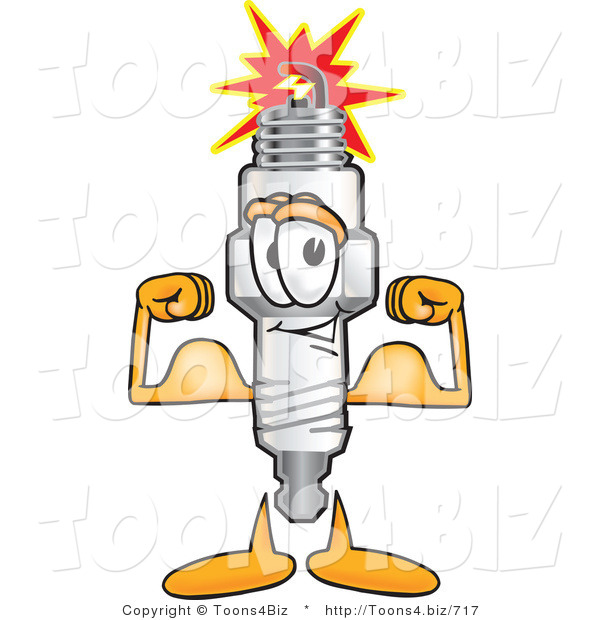 Vector Illustration of a Cartoon Spark Plug Mascot Flexing His Arm Muscles