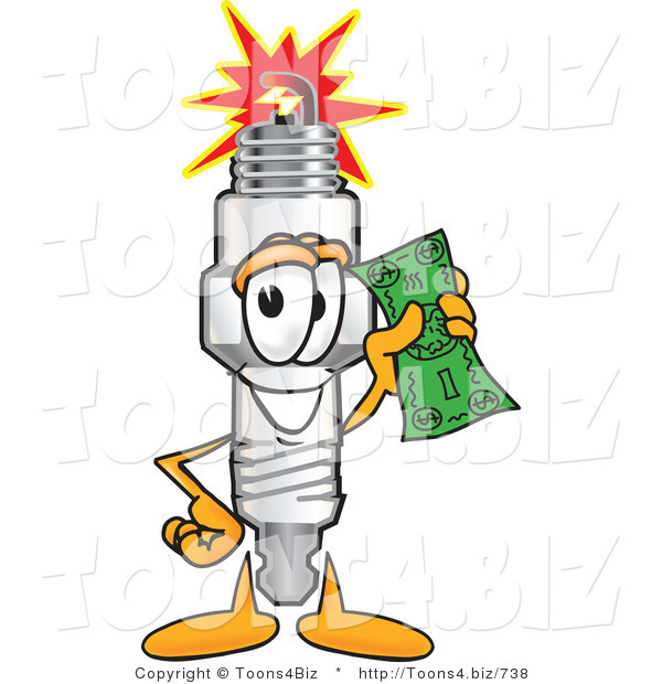 Vector Illustration of a Cartoon Spark Plug Mascot Holding a Green Dollar Bill