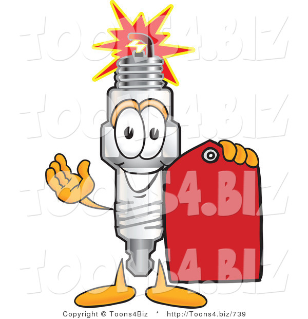 Vector Illustration of a Cartoon Spark Plug Mascot Holding a Red Clearance Sales Price Tag