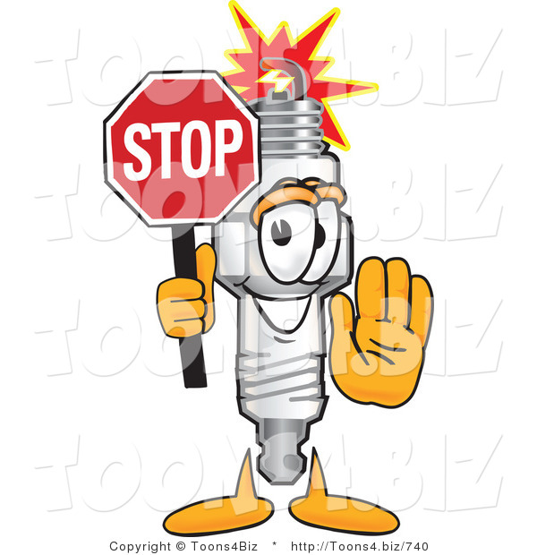 Vector Illustration of a Cartoon Spark Plug Mascot Holding a Stop Sign