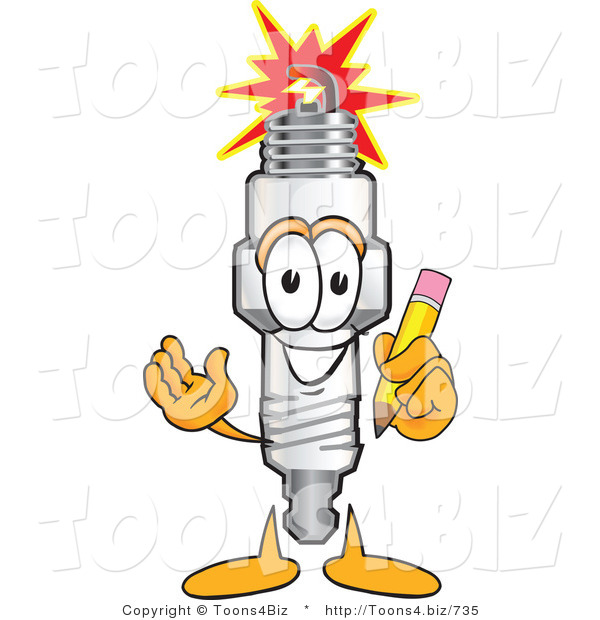 Vector Illustration of a Cartoon Spark Plug Mascot Holding a Yellow Pencil