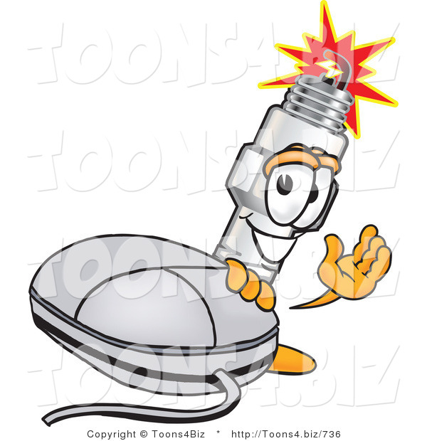 Vector Illustration of a Cartoon Spark Plug Mascot Standing by a Computer Mouse and Waving