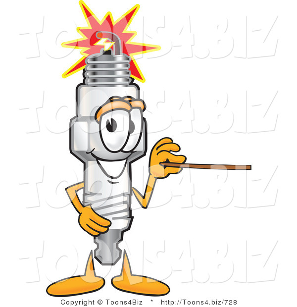 Vector Illustration of a Cartoon Spark Plug Mascot Using a Pointer Stick to Point to the Right