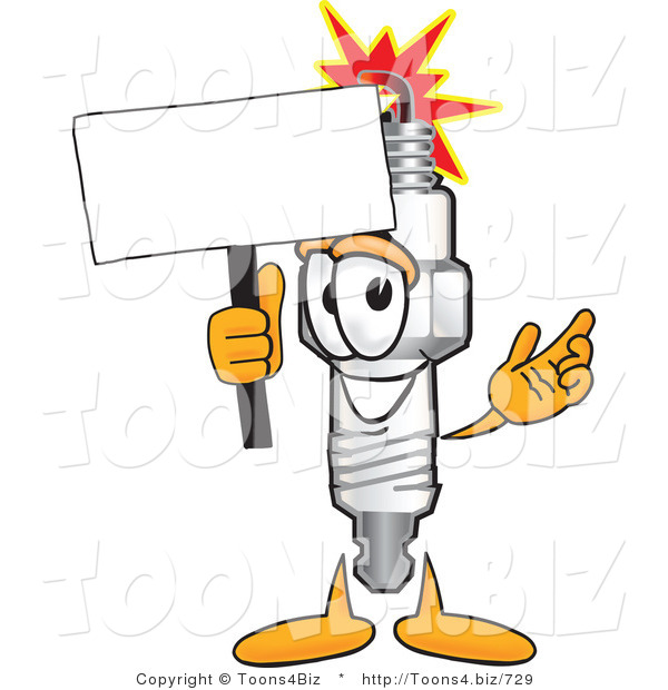 Vector Illustration of a Cartoon Spark Plug Mascot Waving a Blank White Sign