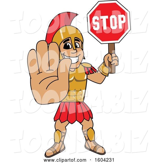 Vector Illustration of a Cartoon Spartan Warrior Mascot Holding a Stop Sign