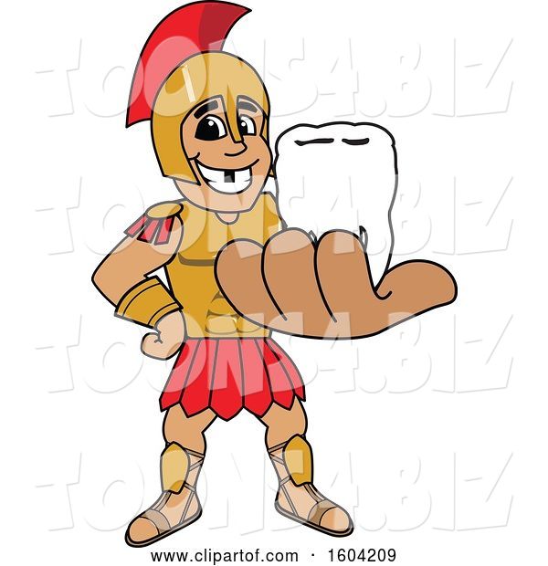 Vector Illustration of a Cartoon Spartan Warrior Mascot Holding a Tooth