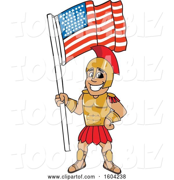 Vector Illustration of a Cartoon Spartan Warrior Mascot Holding an American Flag