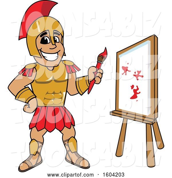 Vector Illustration of a Cartoon Spartan Warrior Mascot Painting a Canvas