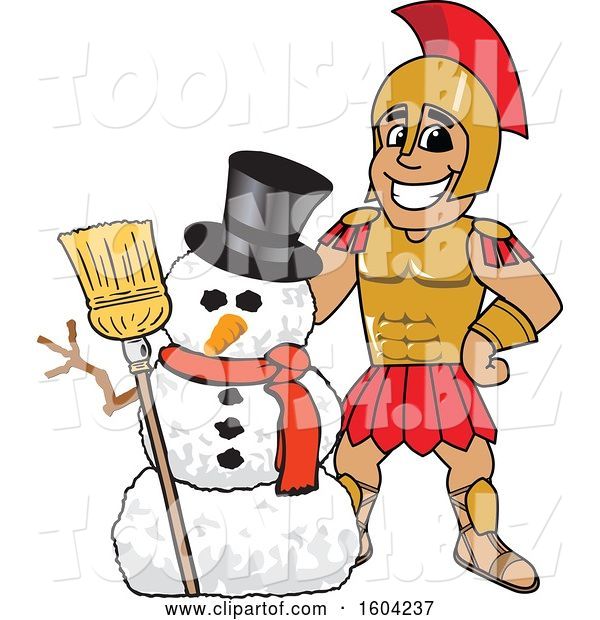 Vector Illustration of a Cartoon Spartan Warrior Mascot with a Christmas Snowman