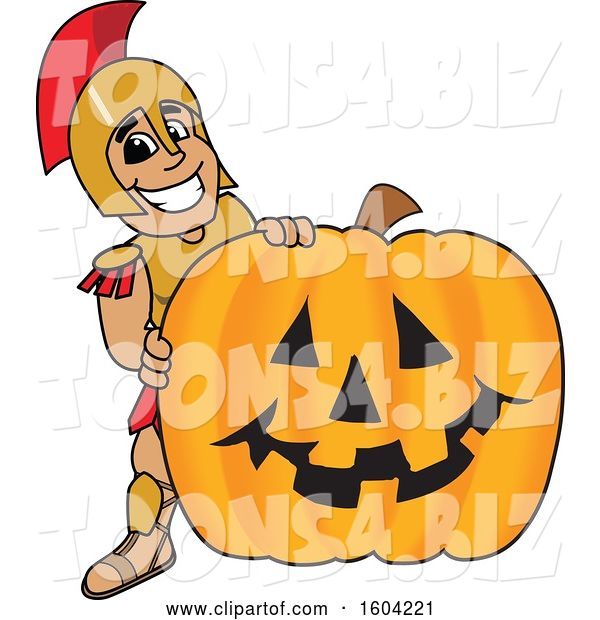 Vector Illustration of a Cartoon Spartan Warrior Mascot with a Halloween Pumpkin