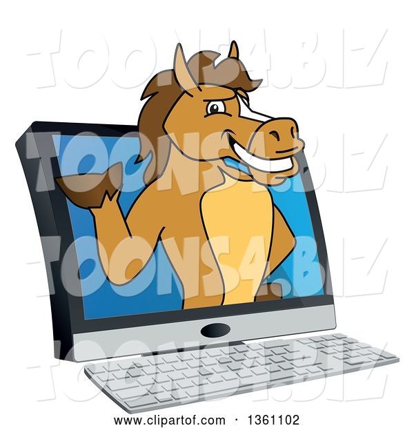 Vector Illustration of a Cartoon Stallion School Mascot Emerging from a Desktop Computer