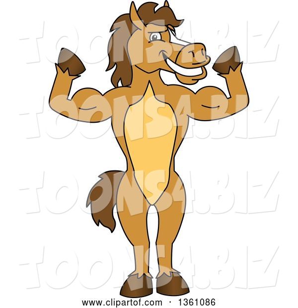 Vector Illustration of a Cartoon Stallion School Mascot Flexing His Muscles