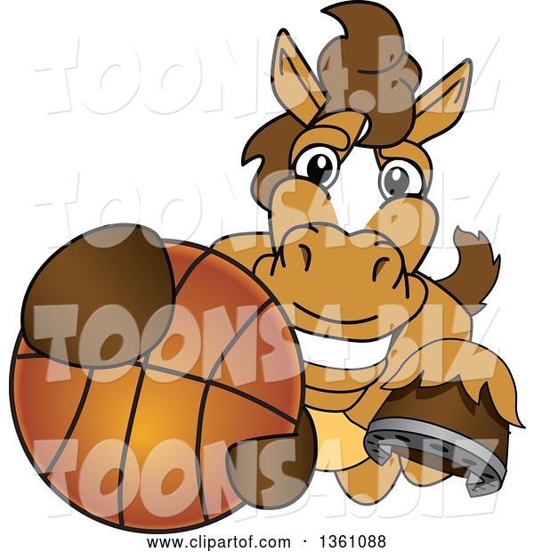 Vector Illustration of a Cartoon Stallion School Mascot Grabbing a Basketball