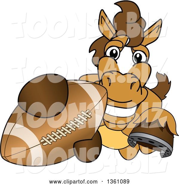 Vector Illustration of a Cartoon Stallion School Mascot Grabbing a Football