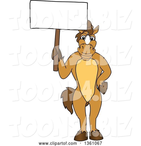 Vector Illustration of a Cartoon Stallion School Mascot Holding a Blank Sign