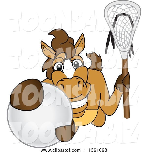 Vector Illustration of a Cartoon Stallion School Mascot Holding a Stick and Grabbing a Lacrosse Ball