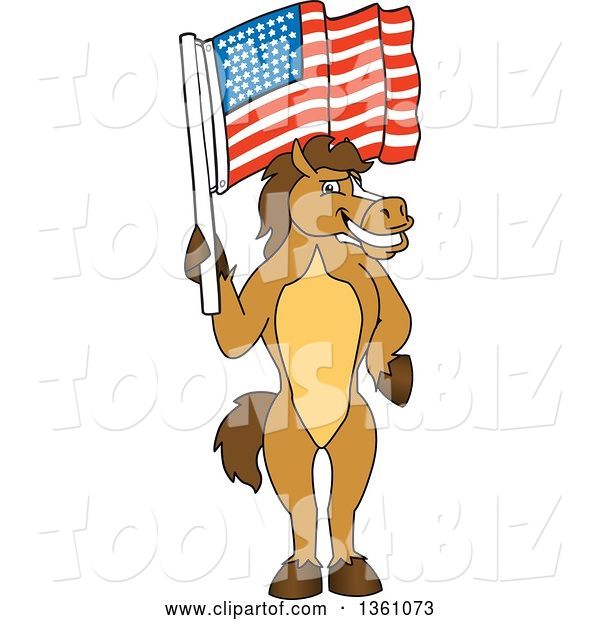 Vector Illustration of a Cartoon Stallion School Mascot Holding an American Flag