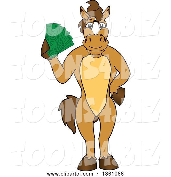 Vector Illustration of a Cartoon Stallion School Mascot Holding Cash Money