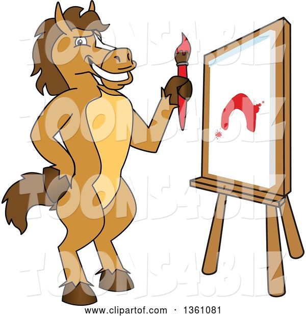 Vector Illustration of a Cartoon Stallion School Mascot Painting a Canvas