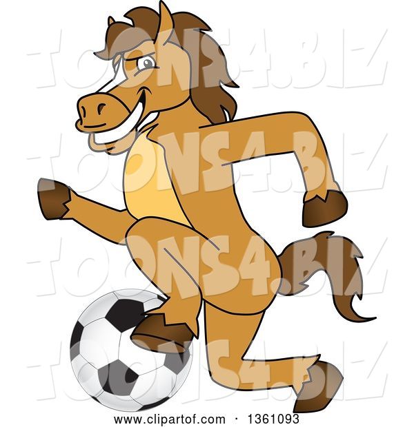 Vector Illustration of a Cartoon Stallion School Mascot Playing Soccer