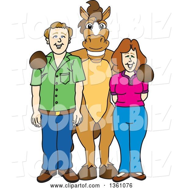 Vector Illustration of a Cartoon Stallion School Mascot Posing with Student Parents