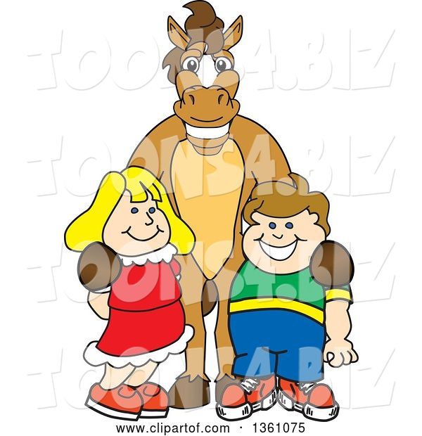 Vector Illustration of a Cartoon Stallion School Mascot Posing with Students