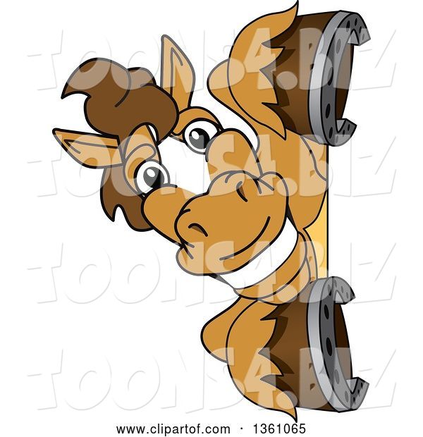Vector Illustration of a Cartoon Stallion School Mascot Smiling Around a Sign