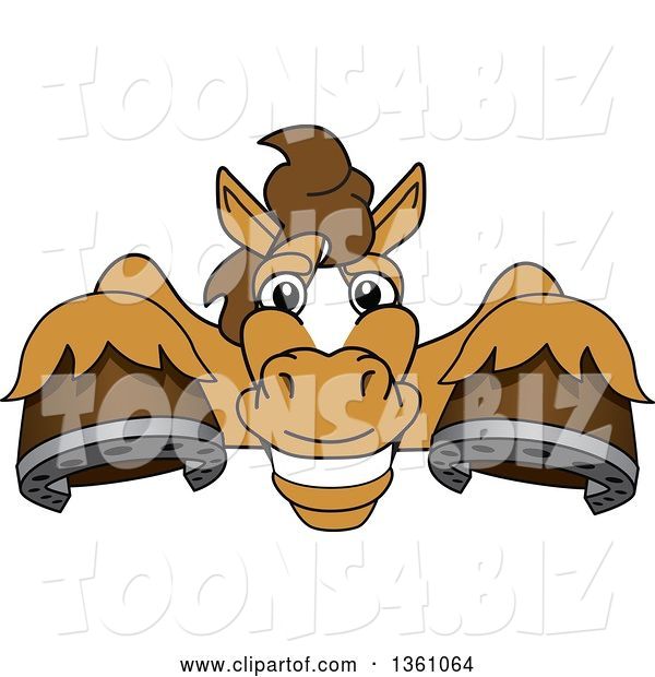 Vector Illustration of a Cartoon Stallion School Mascot Smiling over a Sign