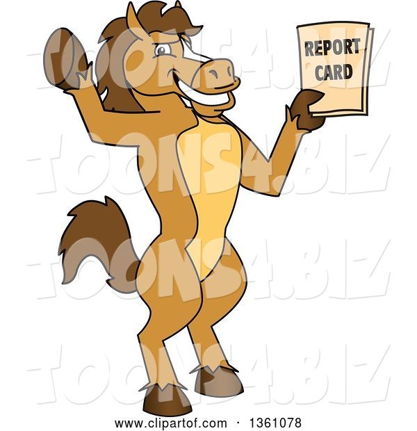 Vector Illustration of a Cartoon Stallion School Mascot Student Holding up a Report Card