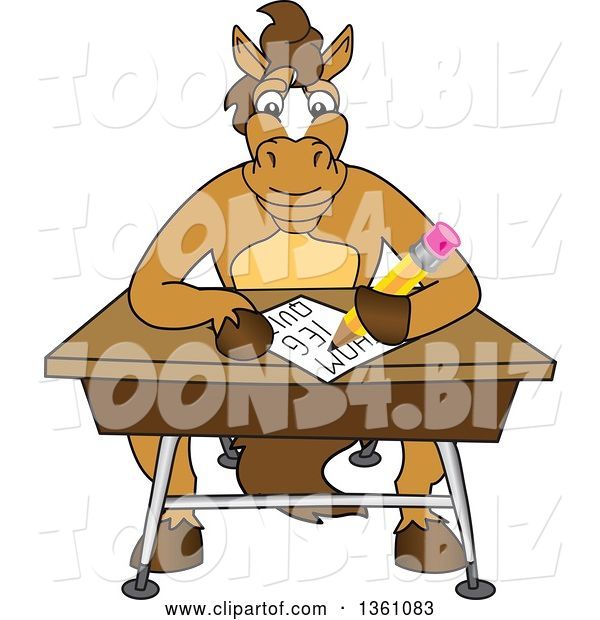 Vector Illustration of a Cartoon Stallion School Mascot Student Taking a Quiz at a Desk