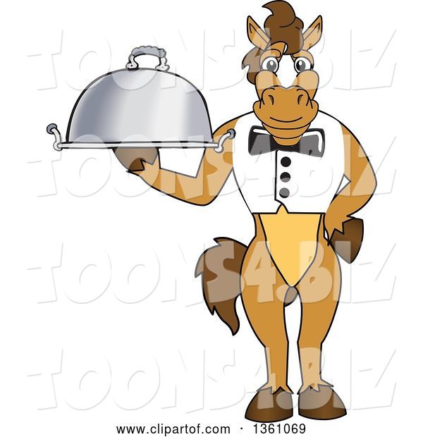 Vector Illustration of a Cartoon Stallion School Mascot Waiter Holding a Cloche Platter