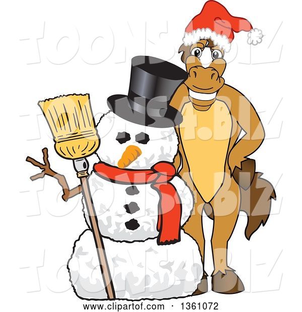 Vector Illustration of a Cartoon Stallion School Mascot Wearing a Santa Hat by a Christmas Snowman