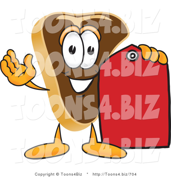Vector Illustration of a Cartoon Steak Mascot Holding a Blank Red Sales Price Tag