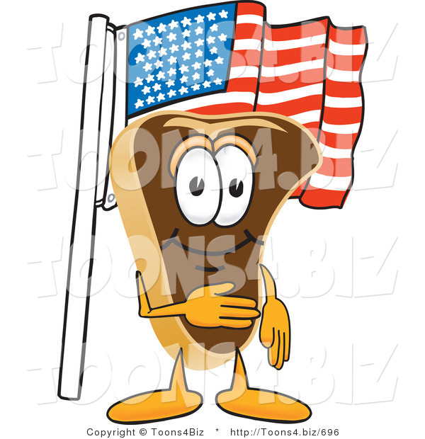 Vector Illustration of a Cartoon Steak Mascot Pledging Allegiance to the American Flag