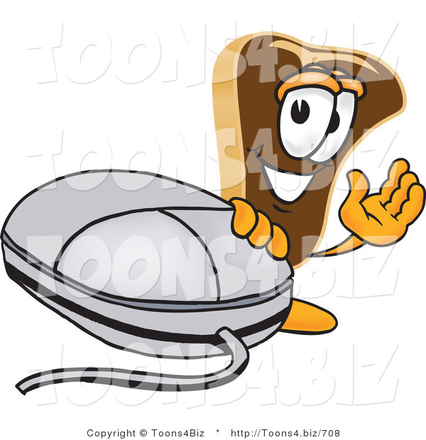 Vector Illustration of a Cartoon Steak Mascot Waving and Standing by a Computer Mouse