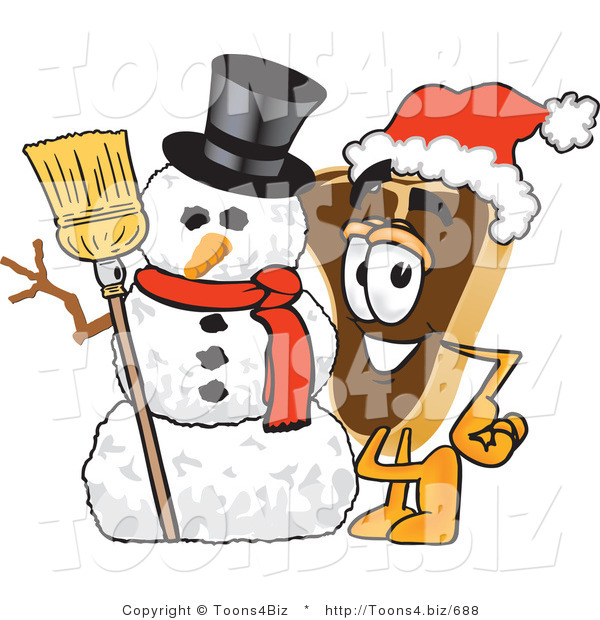 Vector Illustration of a Cartoon Steak Mascot Wearing a Santa Hat and Standing with a Snowman