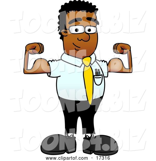 Vector Illustration of a Cartoon Strong Black Business Man Mascot Flexing His Arm Muscles