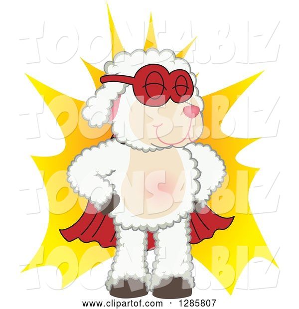 Vector Illustration of a Cartoon Super Hero Lamb Mascot over a Burst