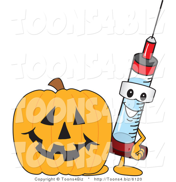 Vector Illustration of a Cartoon Syringe Mascot by a Halloween Pumpkin