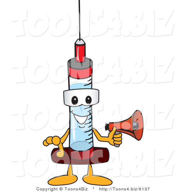 Vector Illustration of a Cartoon Syringe Mascot Holding a Megaphone