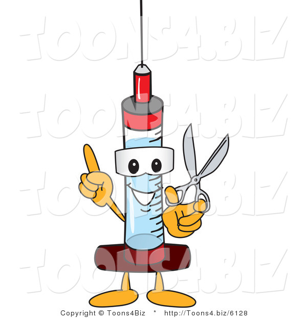 Vector Illustration of a Cartoon Syringe Mascot Holding Scissors
