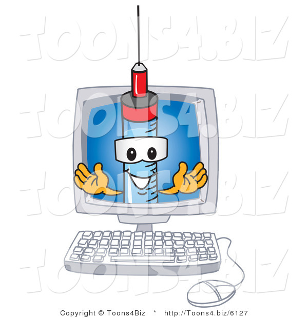 Vector Illustration of a Cartoon Syringe Mascot in a Computer Screen