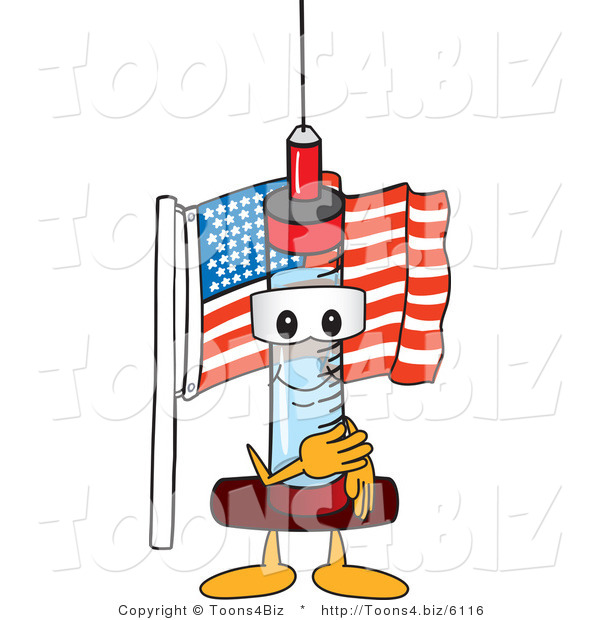 Vector Illustration of a Cartoon Syringe Mascot Pledging Allegiance to the American Flag